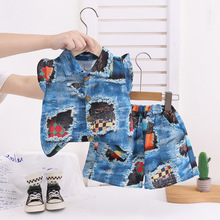 女童夏季短袖套装新品外贸女宝宝印花棉麻仿牛仔飞袖衬衫两件套装