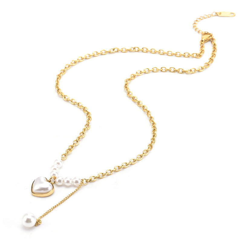 Artificial Pearls Inlay Material Necklace Classification Titanium Steel Chain Material cable chain Chain Type Street Occasion Titanium Steel Material Titanium Steel 18K Gold Plated Simple Style Inlay Heart Shape Artificial Pearls Necklace