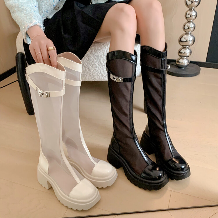 Bốt lưới da cừu cao gót thô cổ cao ôm chân phong cách Hàn Quốc — Màu đen cổ ống lớn, Ống nhỏ màu đen, Chu vi ống lớn màu trắng Be