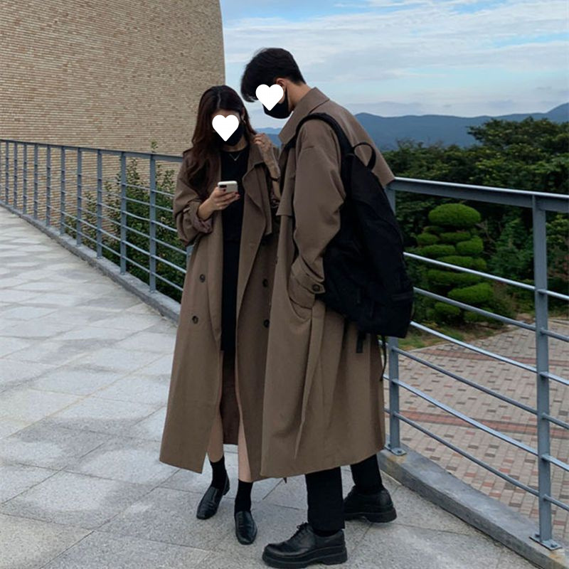 秋冬情侣风衣中长款韩版潮流男款过膝宽松感休闲大衣外套
