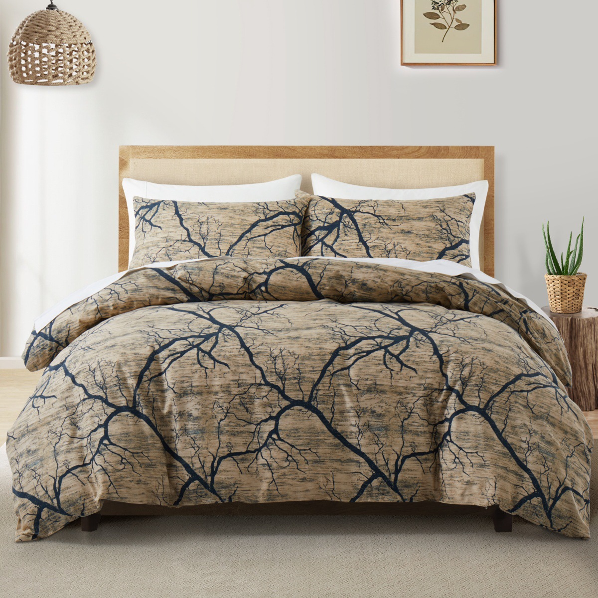 Parure de lit Branche d'arbre – Housse de couette et taies d'oreiller 3 pièces, polyester brossé doux, style drap-housse (tailles US/EU/AU, teinture active)_voghion.com