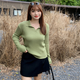 Plus Size Women's Pure Color Simple Lapel Knitted Top 2023 Autum Fat mm 100kg Sweet Sweater 0294