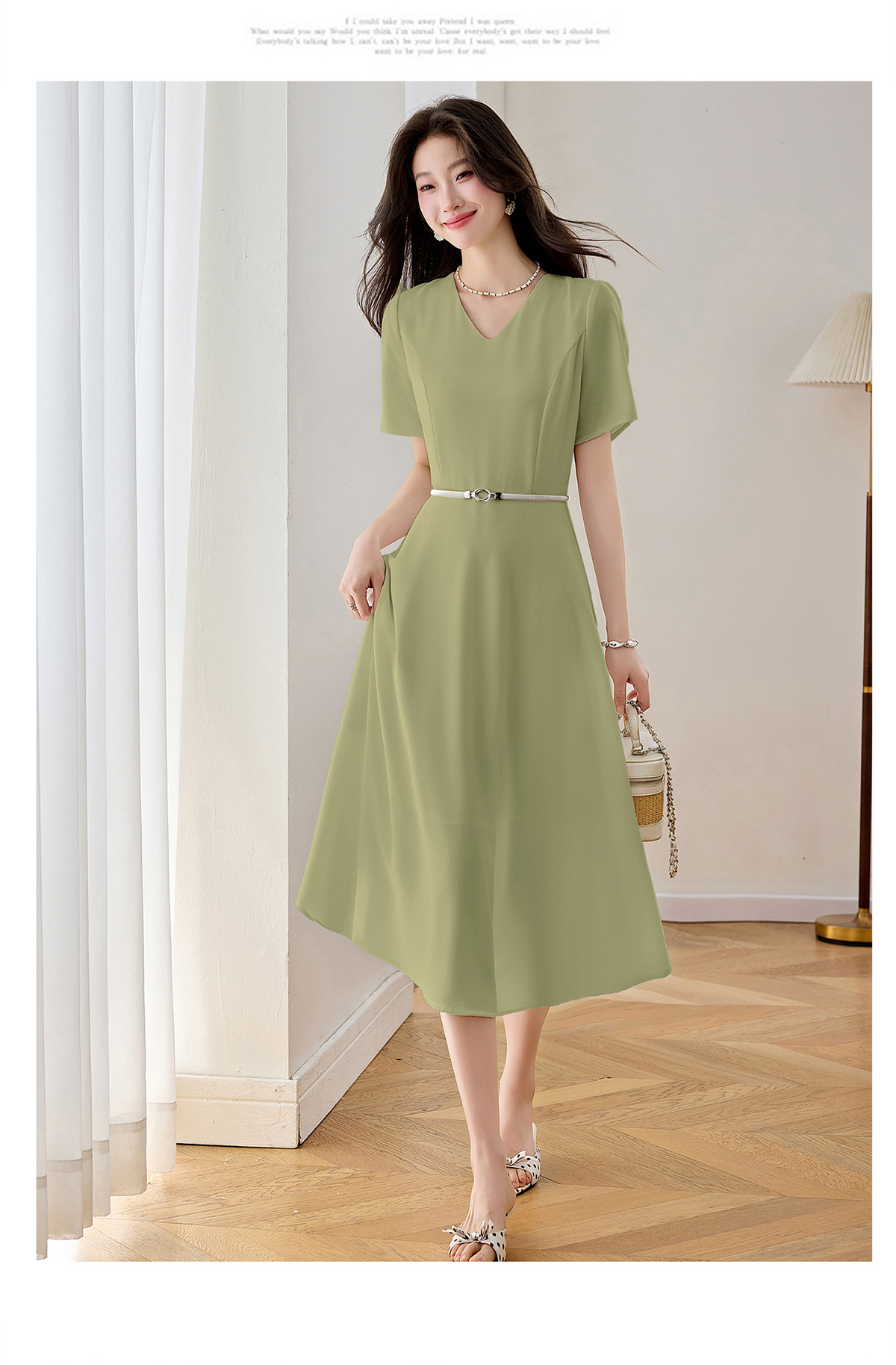 Đầm maxi nữ thắt eo cổ V dáng dài phối màu trơn — màu xanh đậm, màu tím, màu trắng chi tiết 30