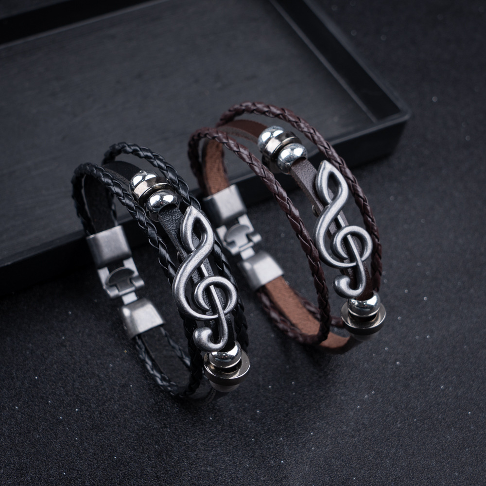 Cross-Border Supply of European and American Popular Alloy Music Symbol Men's Leather Bracelet Jewelry Wholesale Beaded Clasp Bracelet
