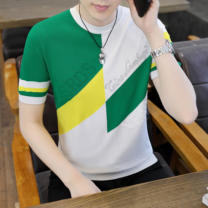 Verano 2023 hombres de moda europea marca de seda de hielo cuello redondo moda delgada contraste color rhinestone manga corta Camiseta top