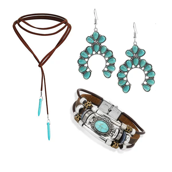 European and American cross-border vintage bohemian style turquoise earrings, bracelet, necklace, Amazon best-selling jewelry set for women