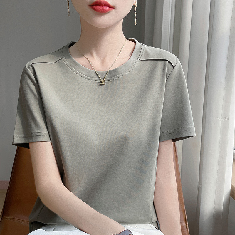 Summer solid color cotton short sleeve T-shirt with a round collar