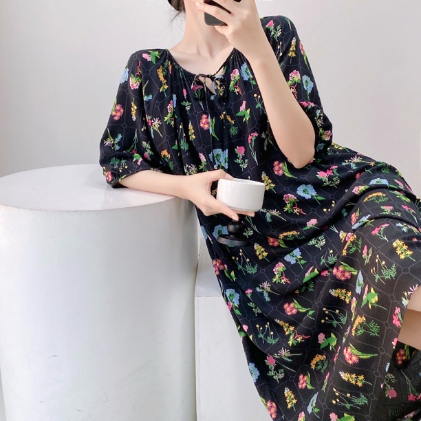 Camisón mujer verano falda larga de playa delgada pijama de seda de algodón primavera y otoño damas estilo de vacaciones ropa de hogar de seda de algodón de gran tamaño