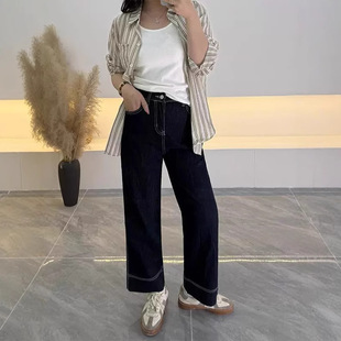 Spring 2025 Cropped Straight dark blue Jeans Women's plus size chubby girl Pear-shaped Body Slimming Loose Wide-leg Pants