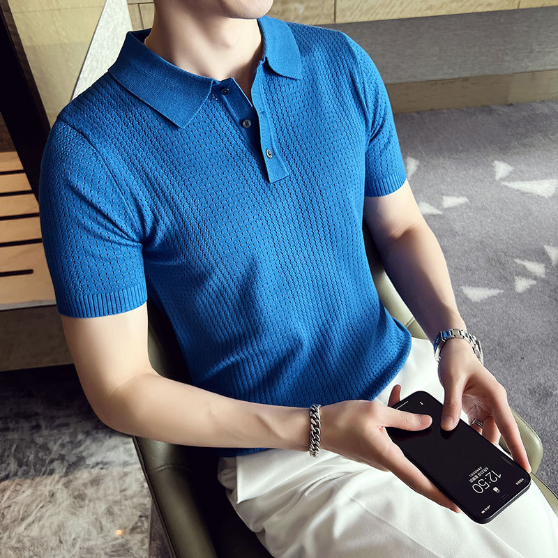 梵沃FW4885 冰絲薄款镂空針織翻領短袖男T恤修身洞洞Polo衫藍色