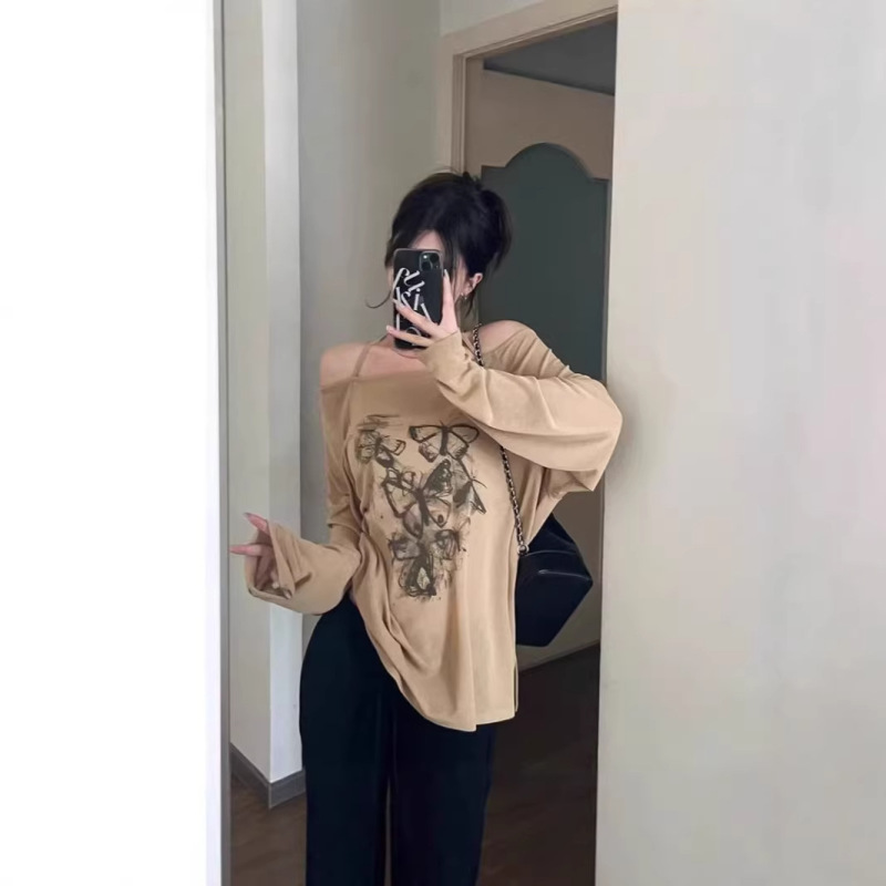 Extra Large Size 150kg Long-Sleeved T-Shirt for Women, New Early Autumn Style, Loose and Lazy Style, One-Shoulder Top, Fashionable and Versatile