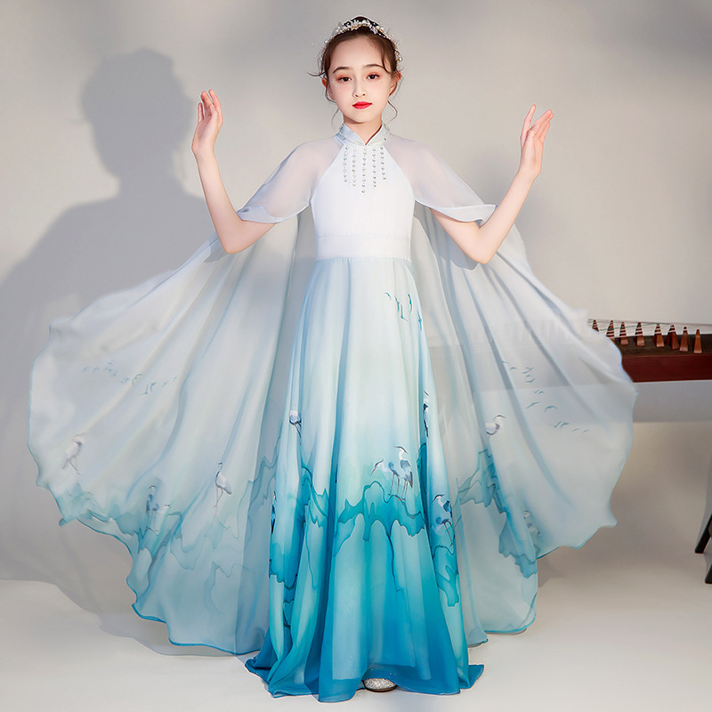 兒童古箏演出服國學服女夏季薄款小女孩中國風古典舞合唱團表演服