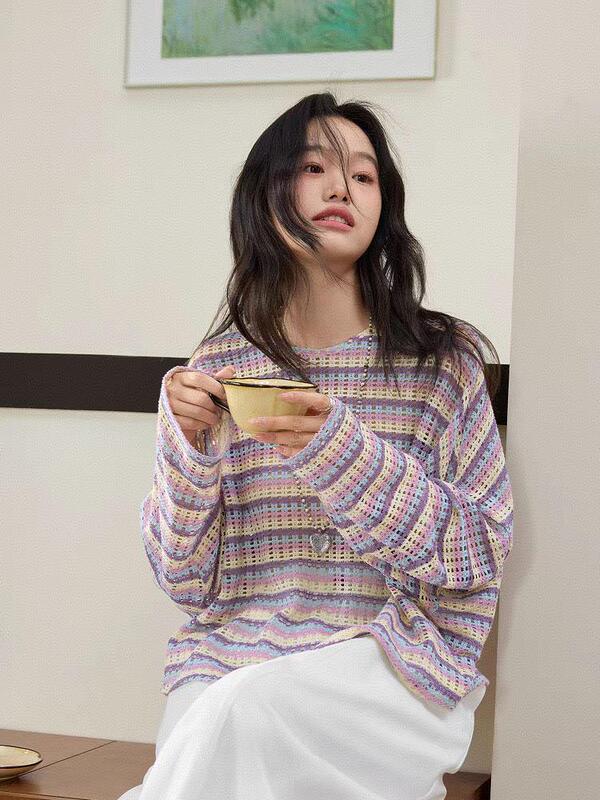 条纹衬衫镂空小衫衬衣宽松25秋季多巴胺穿搭新款女装长袖上衣|undefined