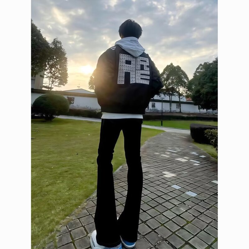 Trendy American-Style Pants High Street Fashion Brand Flared Black Jeans Men's Height-Enhancing Slim Fit Personality Curved Pants