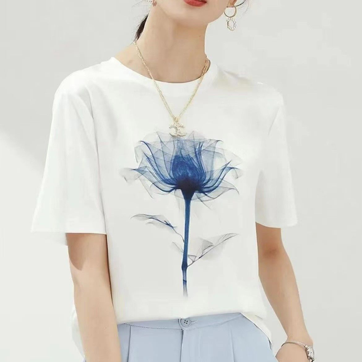 AB impreso de manga corta de verano impreso camiseta de las mujeres blancas de reducción de edad elegante adelgazar superior de secado rápido todo partido redondo image 14