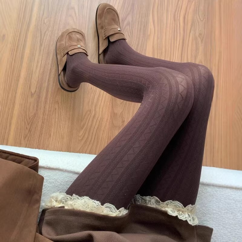 Grey Velvet Leggings Elastic Retro Wavy Pantyhose Spring and Autumn Threaded brown Pantyhose Simple All-Match