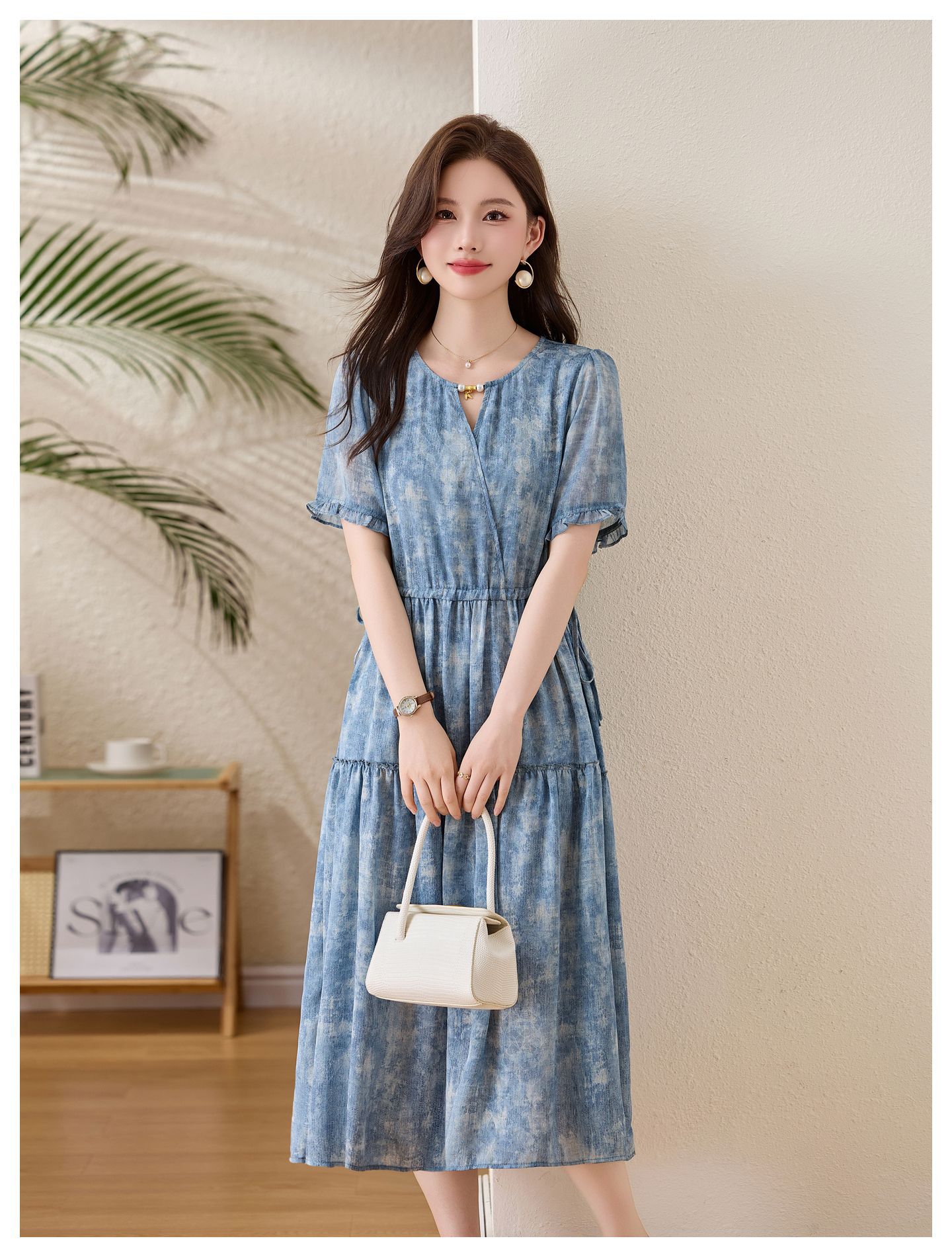 Đầm maxi nữ thắt eo cổ V tay ngắn họa tiết hoa dáng dài GT8207 — xanh lam, Màu hồng chi tiết 16