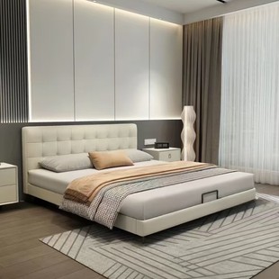 Trendy Waffle-Pattern French Cream Style Master Bedroom Full-Size Small Apartment Storage Double Leather Bed