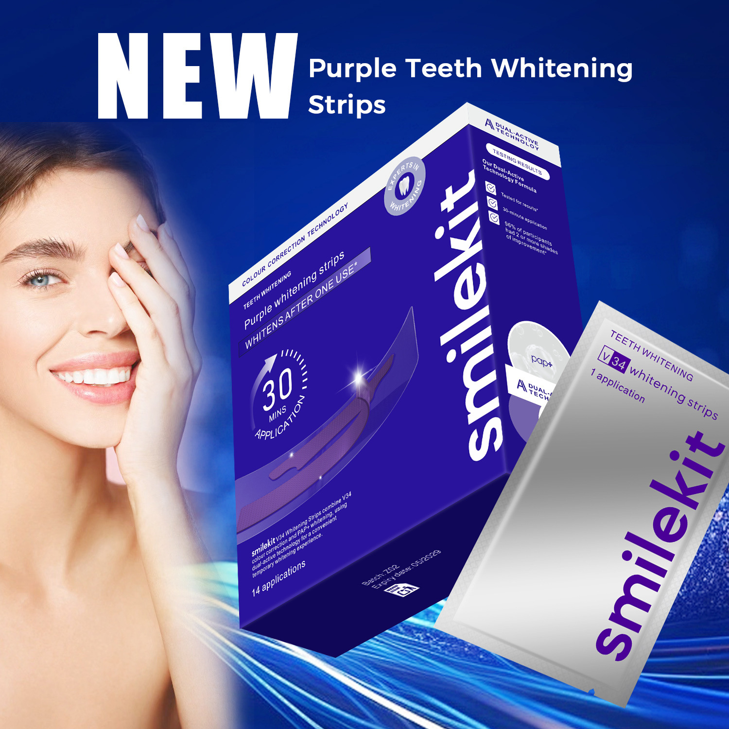 New V34 Purple Teeth Strips, Cross-Border Hot-Selling Whitening Strips, Whitening Strips, Purple Large Box