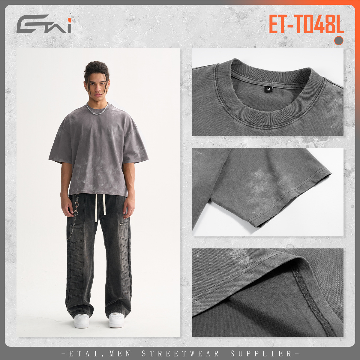 ETAI Hombre| Color de alta calidad hecho a mano vieja camiseta corta ancha hombre retro lavado con agua pesado algodón marca de moda manga corta