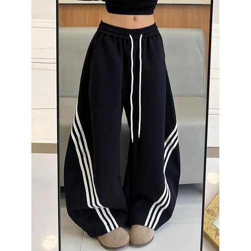 Large size 300kg, American retro striped machete wide-leg pants, women's spring and summer thin loose all-matching casual sweatpants