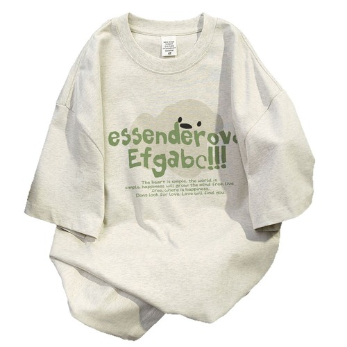 Vintage American pure cotton t-shirt for men, short-sleeved top with small-town design sense printing, summer loose half-sleeve tee