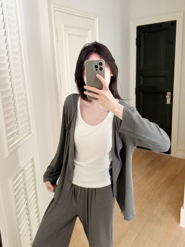 韩系背心开衫长裤带Bra三件套春秋新款莫代尔简约休闲家居服套装|undefined