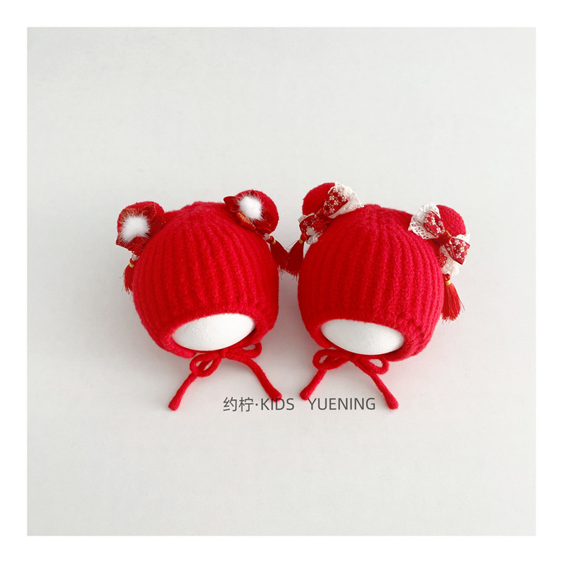 여자아이를 위한 중국 스타일  새해 모자 달콤한 리본 이어머프 니트 모자 빨간색 축제 모자 스카프 세트