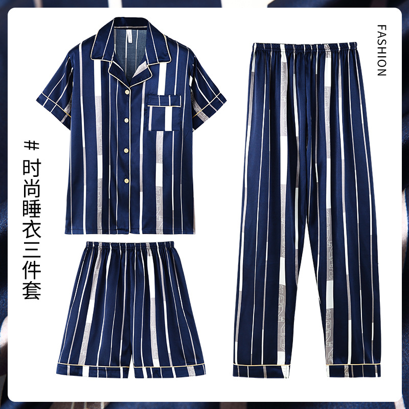 Pijamas de verano de rayas de alto grado pijamas de los hombres de seda de hielo traje de tres piezas de manga corta desgaste exterior Internet celebridad letras real seda