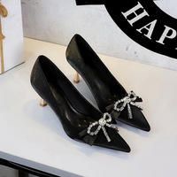 9527-H133 European and American Ribbon Bow Water Diamond High Heels Women's Pointed Shallow Mouth Silk Fine Heels Temperament Single Shoes