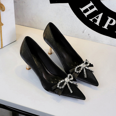 9527-H133 European and American Ribbon Bow Water Diamond High Heels Women's Pointed Shallow Mouth Silk Fine Heels T
