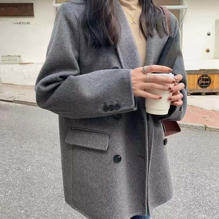网红爆款2023新款双面羊毛大衣小西装韩版宽松休闲毛呢外套现货