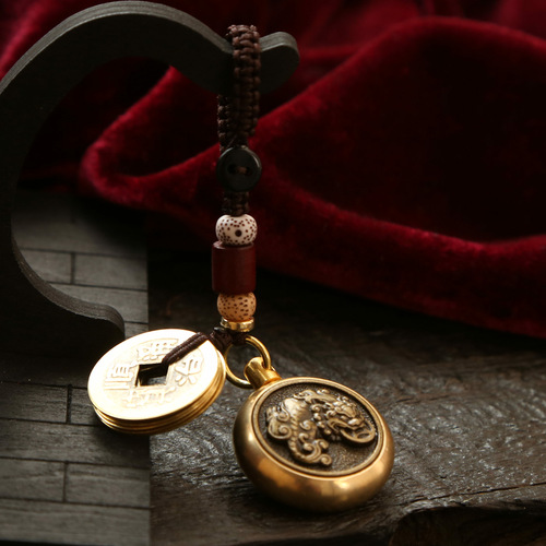 Pure Brass Keychain Pixiu Zhuanzhuan Five Emperors Money Festival Gift Pendant Handmade Rope Car Accessories Gourd Wholesale