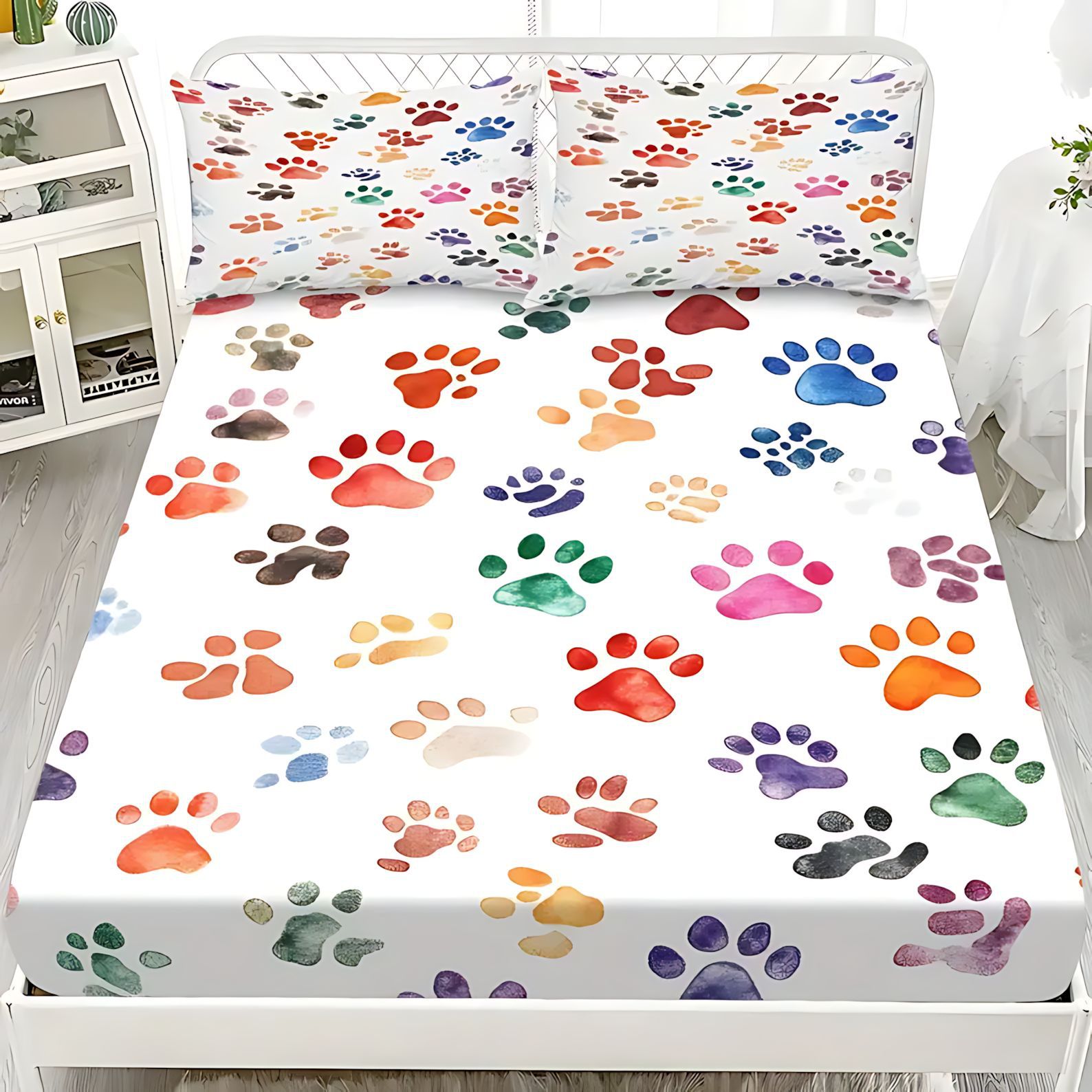 TEMU / JIT Cross-border cute puppy footprint pattern suave cama cómoda camisa colchón set de ropa de cama