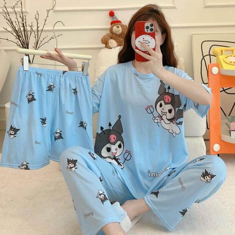 Pijamas de verano transfronterizos pijamas de leche de seda de tres piezas set de dibujos animados comercio exterior ropa para el hogar pantalones de mangas cortas lindos