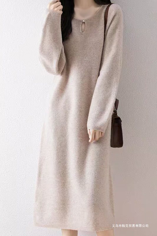 纯色连衣裙春秋冬新款圆领气质中长款宽松显瘦针织衫女洋气打底裙