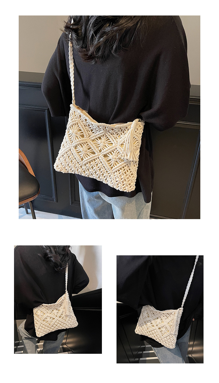 177g Weight Polyester Cotton Lining Material Weave, Hollow Fashion Element Zipper Closure Type Single Shoulder Strap Strap Type Shoulder Bag Bags Type Casual Occasion cotton rope Material Solid Color Pattern All Seasons Season Women's Gender Vacation Style Square Shape Women's Cotton Rope Solid Color Vacation Weave Hollow Square Zipper Shoulder Bag 5