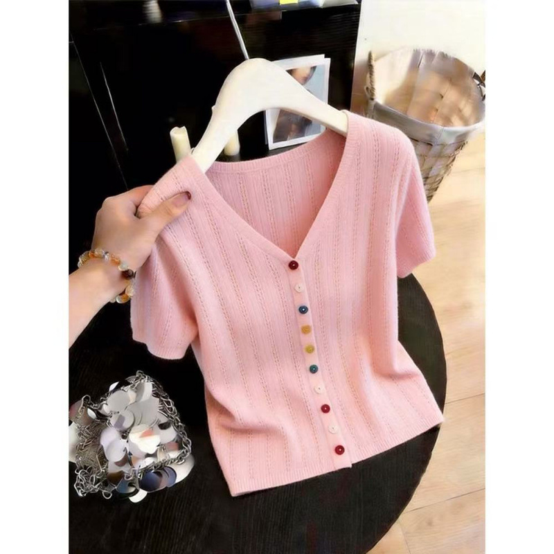 Women's Summer V Neck Hollow Short Sleeve T-Shirt Lightweight Slimming Knitted Cardigan Top New Style_ecoleips.com