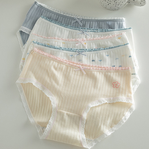 Fresh and simple women's underwear lace edge contrast color women's pants pure cotton crotch mid-waist bag hip student briefs wholesale