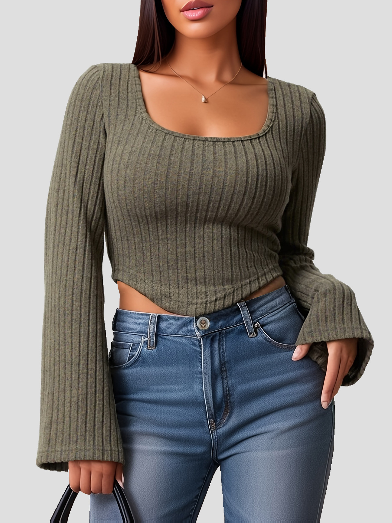 Nuevo otoño y invierno de comercio exterior de Europa y los Estados Unidos ropa de mujer sexy delgada cuello cuadrado cuerno manga blusa image 1