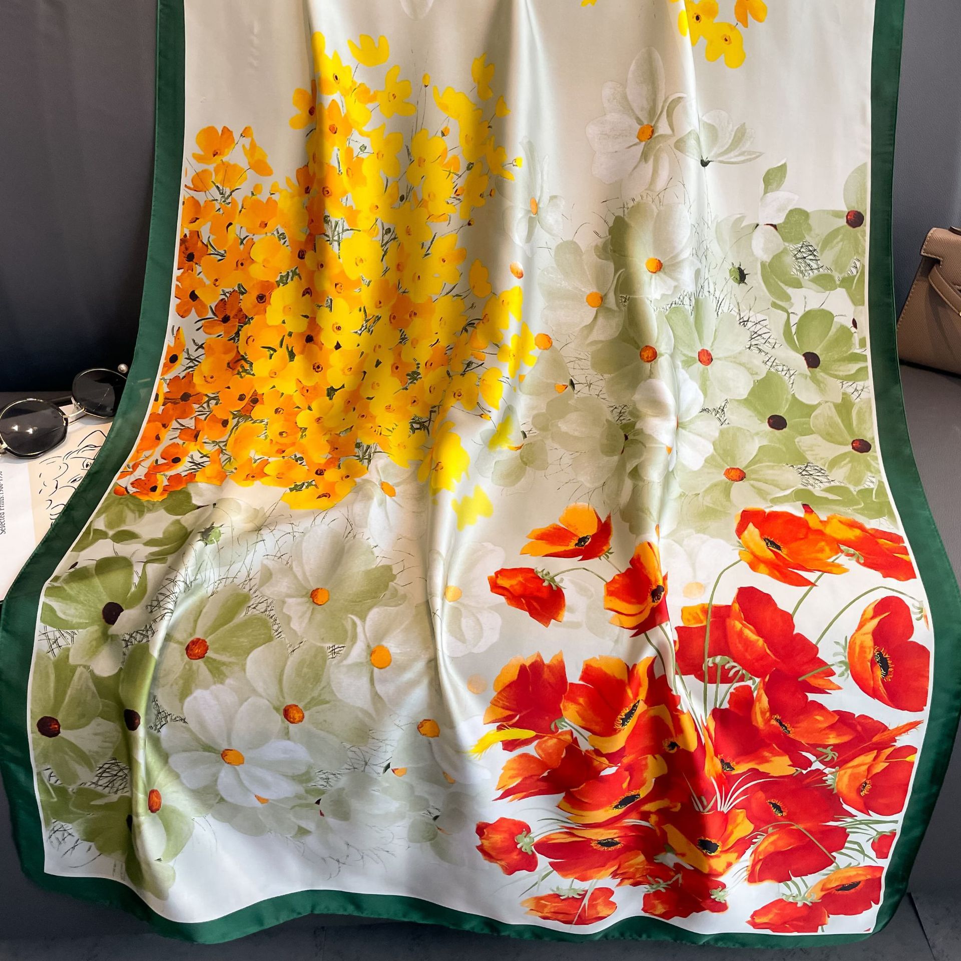Brocade Satin Material Flower Pattern Autumn Season Women's Sweet Flower Brocade Satin Printing Silk Scarf