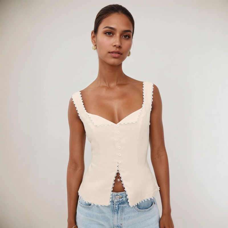 Women's French Retro Cotton and Linen Lace Patchwork Fashion Buttoned Camisole Solid Color Sleeveless Vest Top for Summer Women's French Retro Cotton and Linen Lace Patchwork Fashion Buttoned Camisole Solid Color Sleeveless Vest Top for Summer