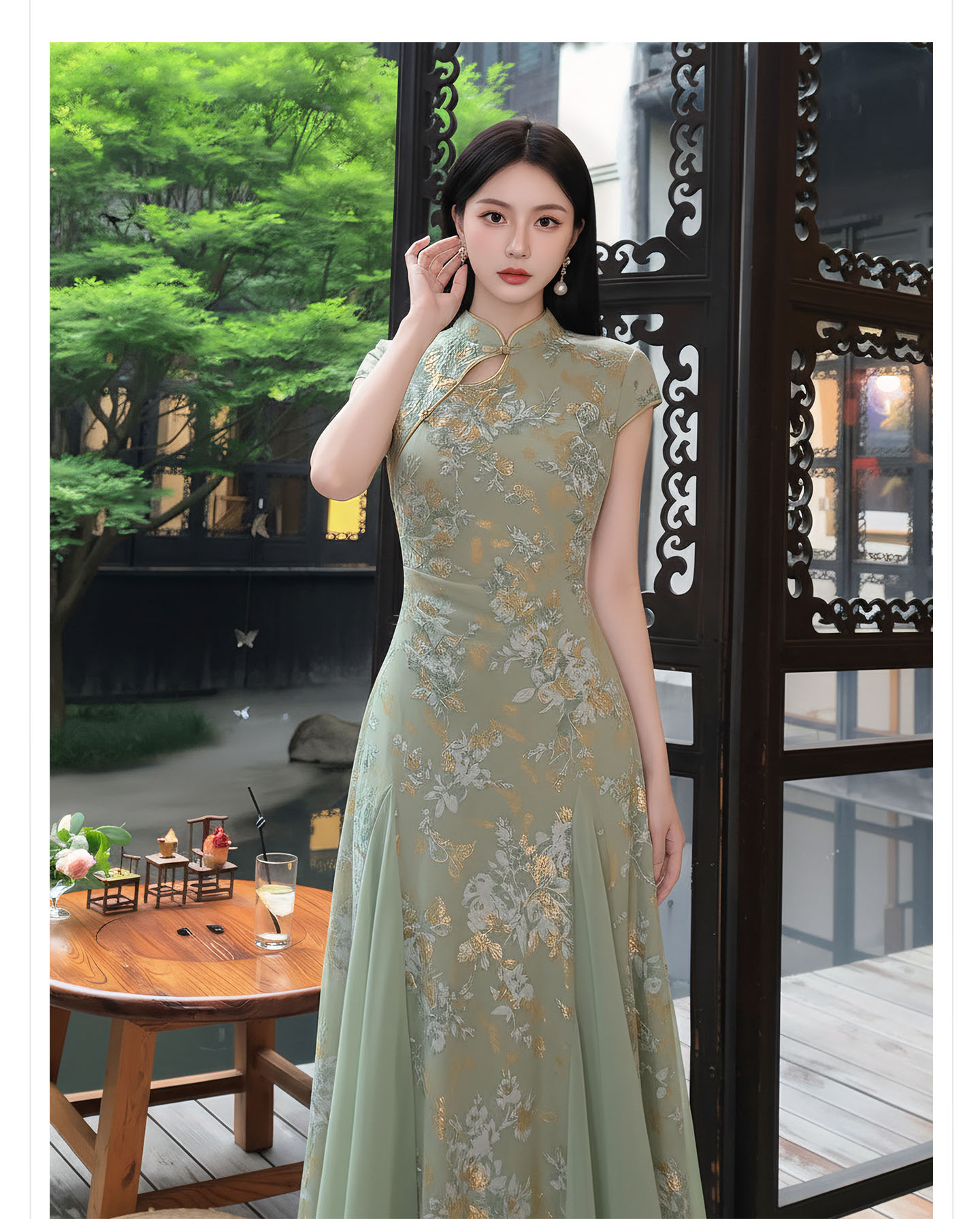 Đầm maxi nữ cổ đứng ren hoa thêu tay dài — Xanh lá cây nhạtcolor chi tiết 8