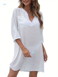 Women's Sheer V Neck Cover up Dress Long Sleeve Loose Fit