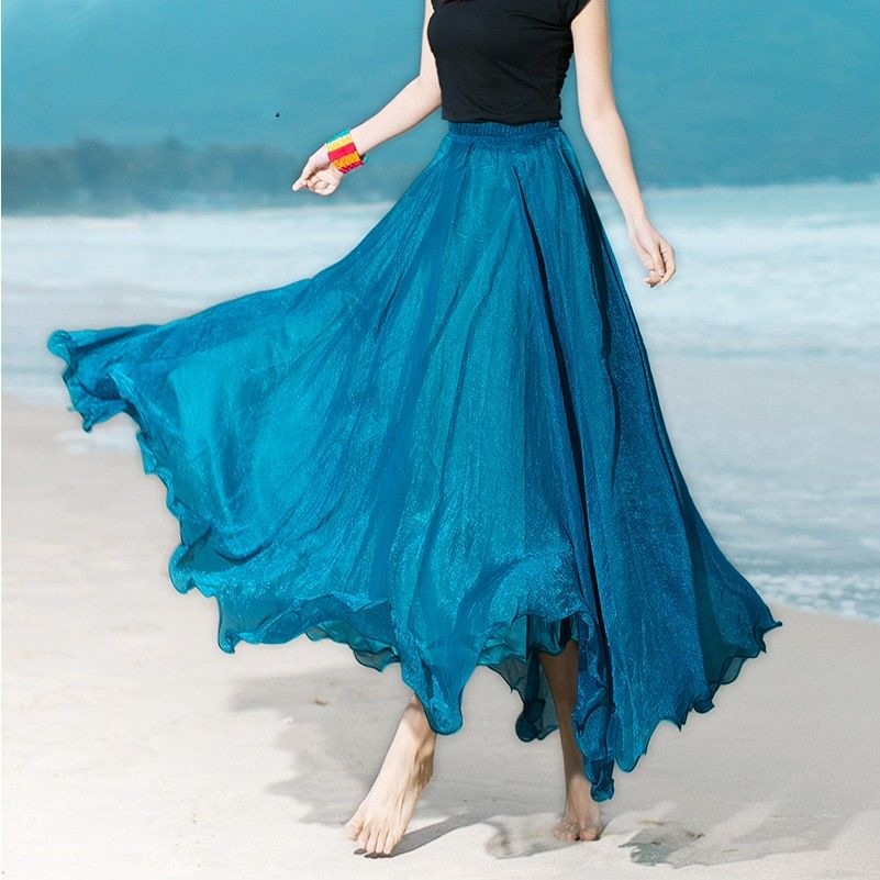 720 Degree 8m Large Swing Solid Color High Waist Gold Silk Chiffon Skirt Bohemian Dancing Long Skirt Fairy Beach Skirt