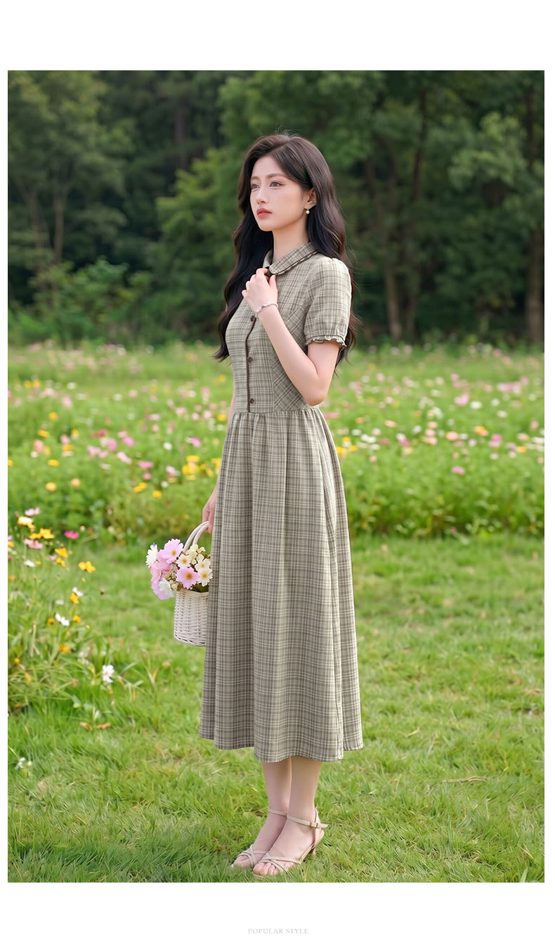Đầm maxi nữ thắt eo họa tiết kẻ caro phong cách vintage — Màu ảnh chi tiết 7