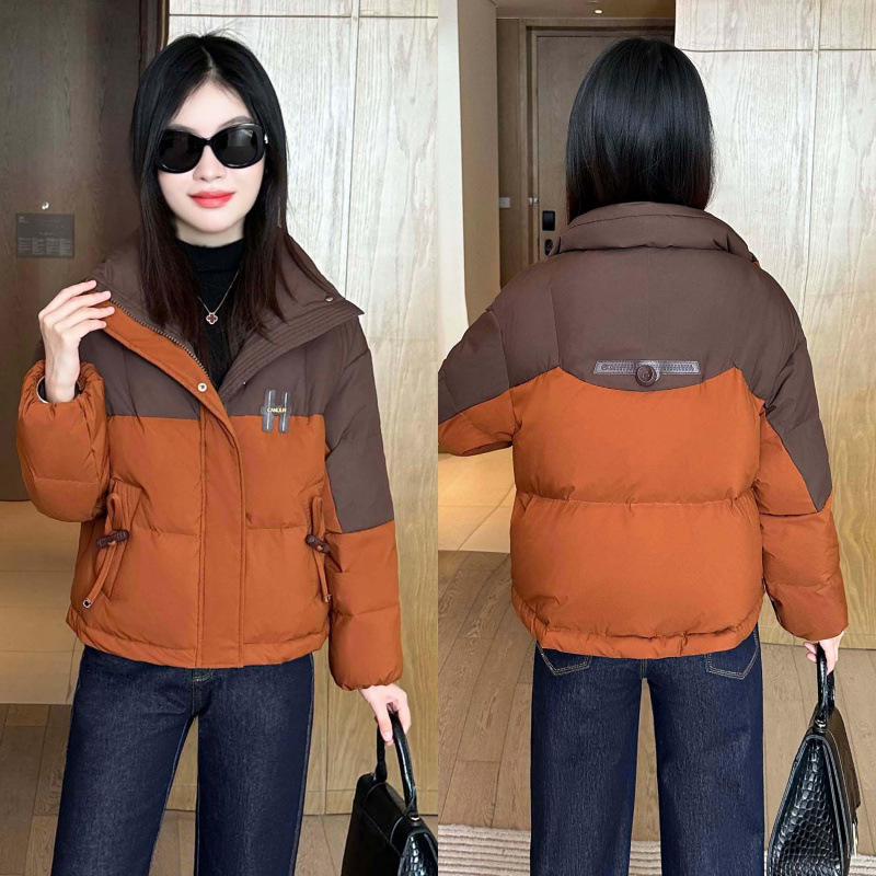 Color-blocked stand-collar short cotton jacket, new style for women, 2026 winter collection, designed for petite figures, loose fit, with drawstring waist, and thickened for extra warmth