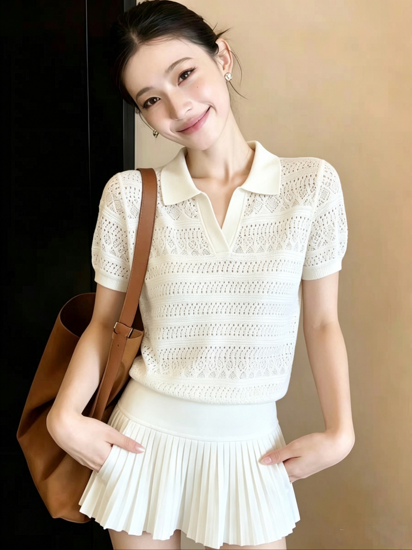 Áo thun polo cổ bẻ tay ngắn dệt kim họa tiết hoa nổi phong cách cổ điển — màu trắng