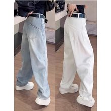 大码女装2025春季新款白色直筒牛仔裤胖妹妹宽松显瘦松弛感弯刀裤