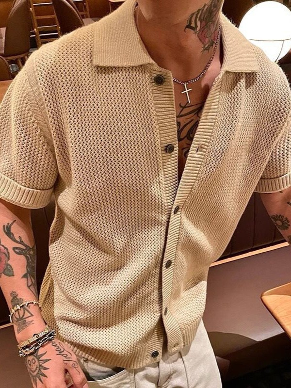 Collared Knit Short-Sleeve T-Shirt for Men, Summer Old Money Style, Hollow-Out Design, High-End Feel, Cross-Border Wholesale Half-Sleeve Cardigan Top Collared Knit Short-Sleeve T-Shirt for Men, Summer Old Money Style, Hollow-Out Design, High-End Feel, Cross-Border Wholesale Half-Sleeve Cardigan Top